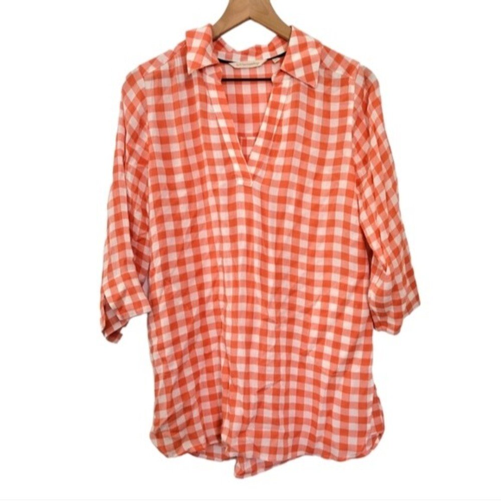 Soft Surroundings Al Fresco Orange Gingham Plaid Tunic Top Size Small